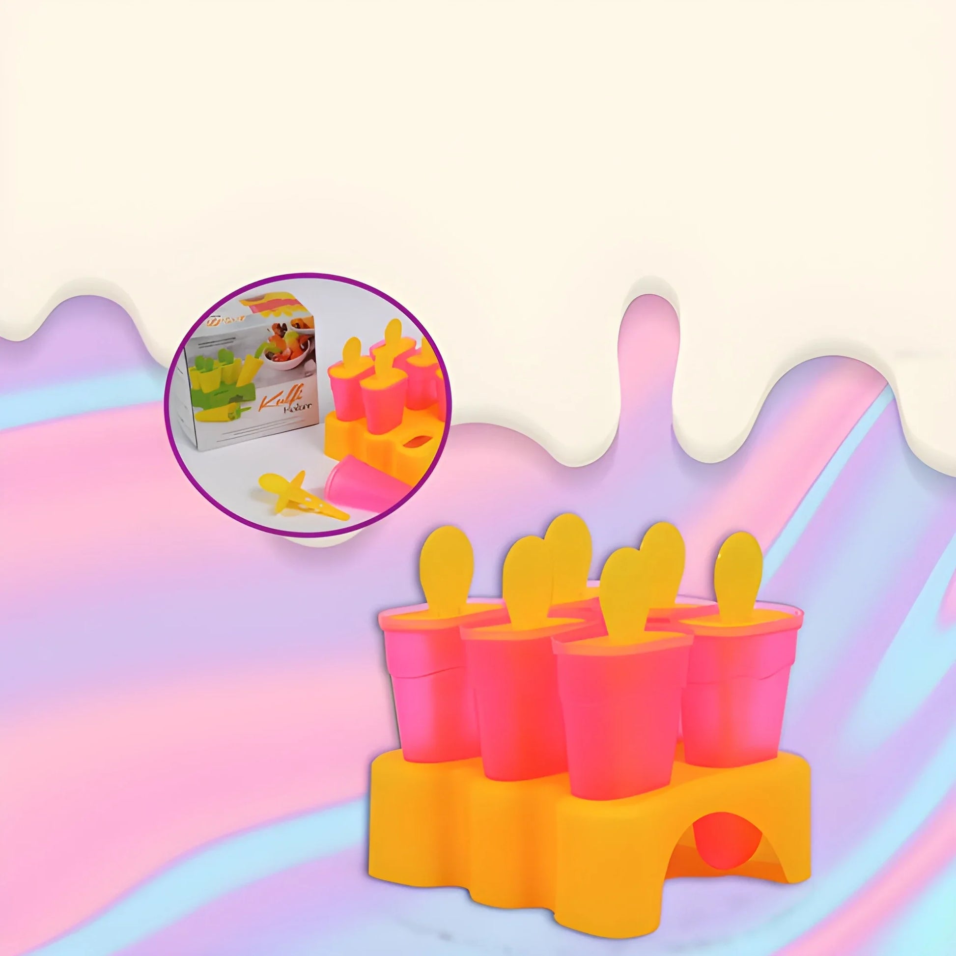 Kulfi mould set with six pink cups on an orange base