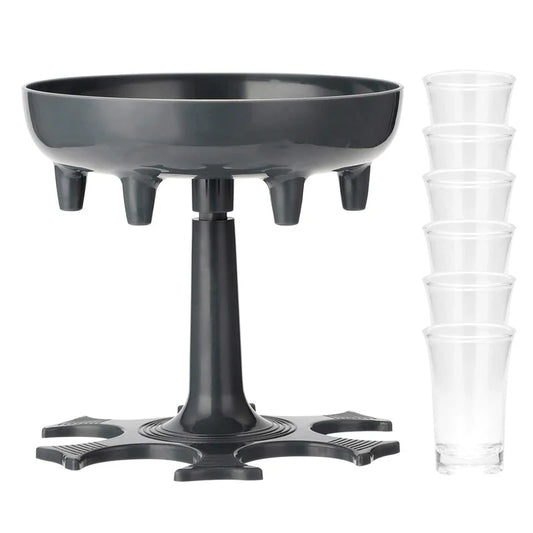 Shot glass dispenser with black stand and clear shot cups
