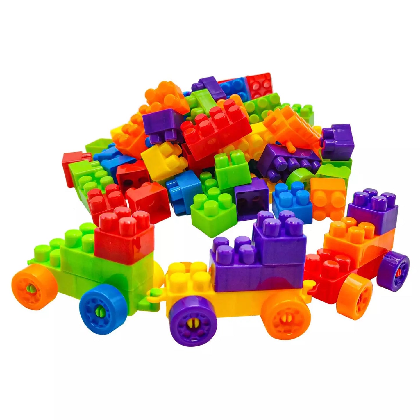 Multicolor building blocks set with interlocking pieces and wheeled vehicle parts