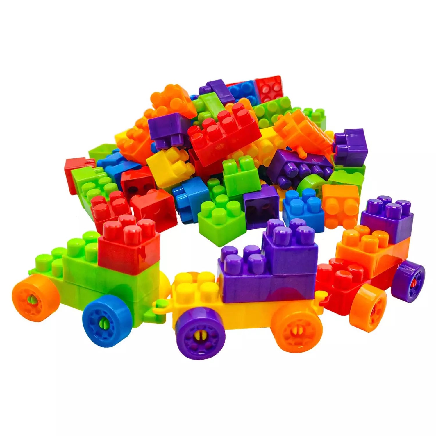 Multicolor building blocks set with interlocking pieces and wheeled vehicle parts