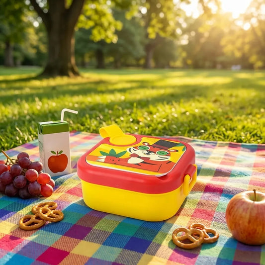Kids tiger lunch box with red lid and yellow base, cartoon tiger and fruit print.