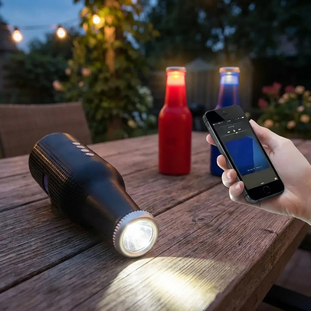 Bottle-shaped Bluetooth speaker with glowing light at one end