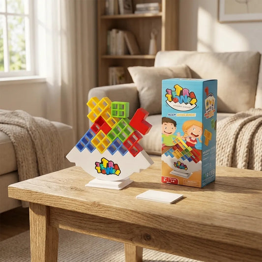 Kids 3D tower game with colorful stacking blocks and instruction cards in box