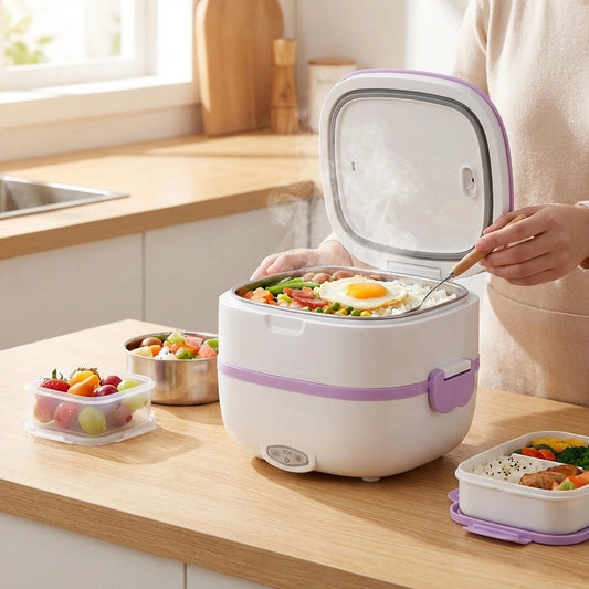 3-in-1 Electric lunch box with open lid, showing food in compartments