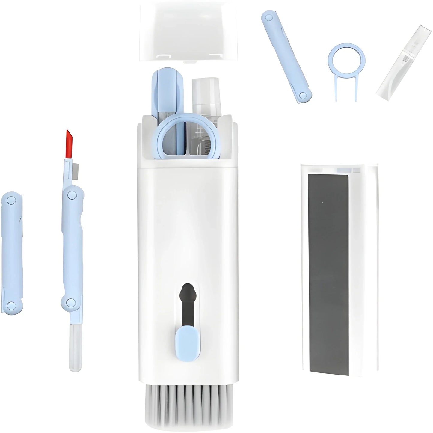 Electronics cleaning kit with white case, blue lint brush, swabs, and cleaning cloth strip
