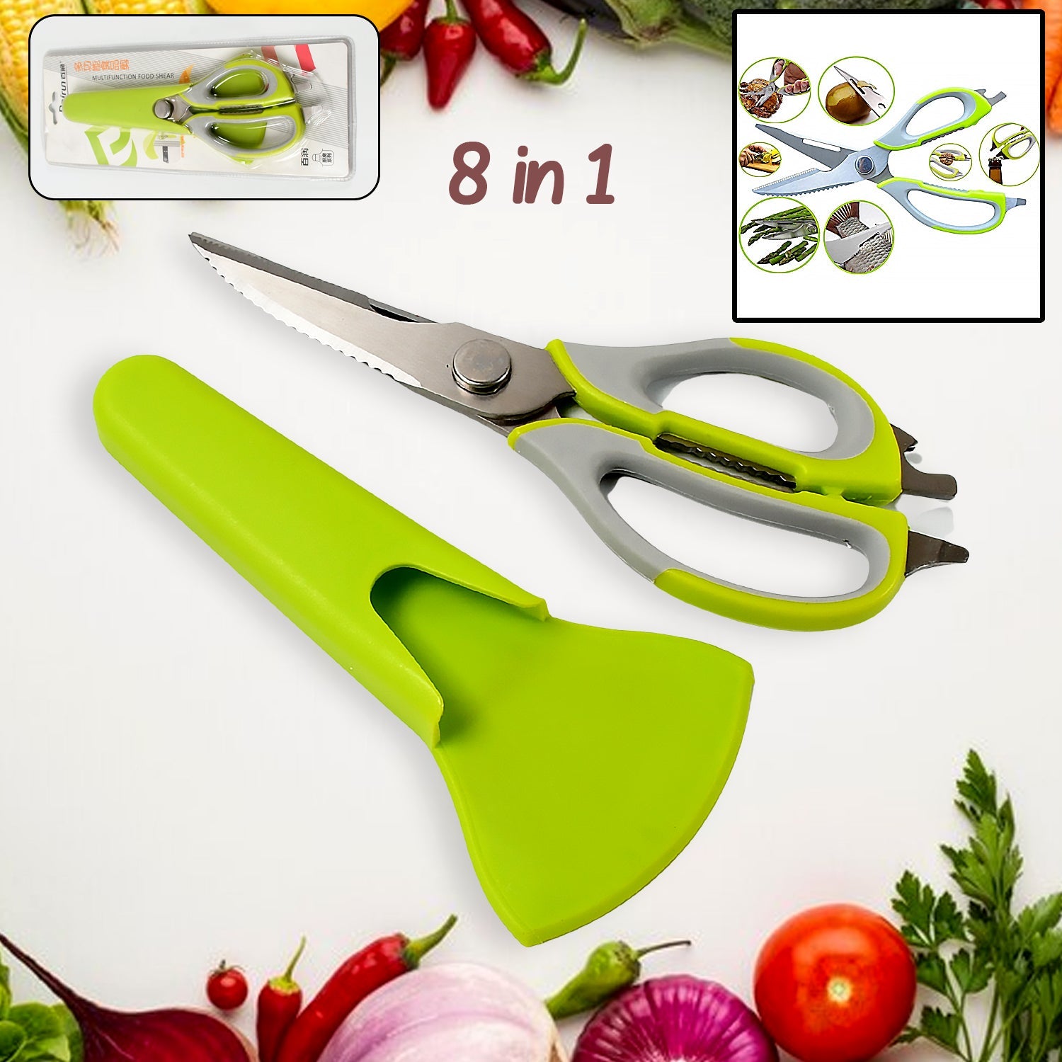 7-in-1 kitchen multi-shears with green grips and gray blades