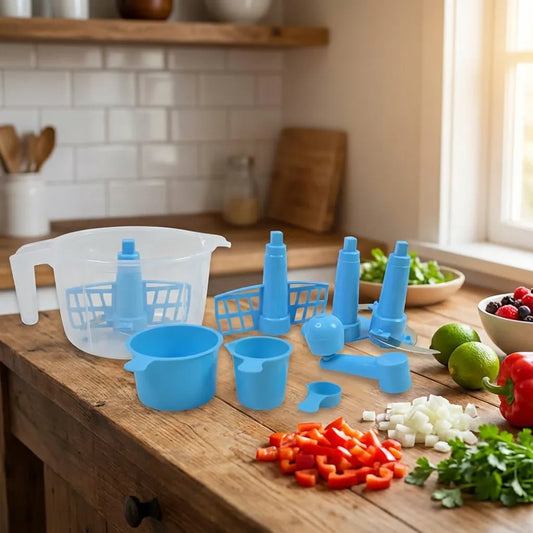 Blue manual roti atta maker dough press and measuring cups set with multiple tools