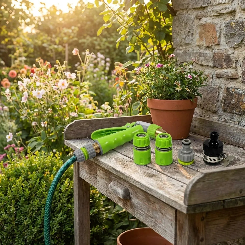Green water spray nozzle with hose and adjustable sprinkler heads on a tray