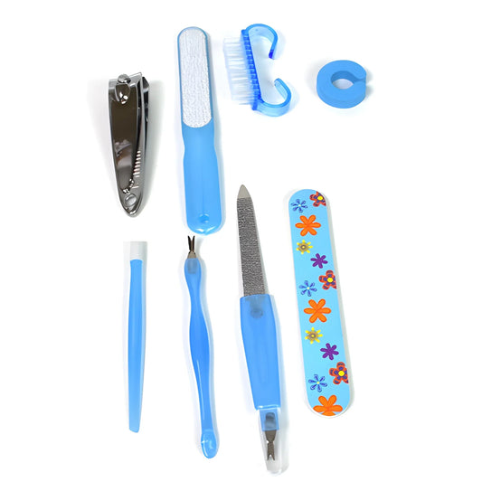 8-in-1 pedicure kit tools: toenail clipper, foot file, brush, toe separators, buffer