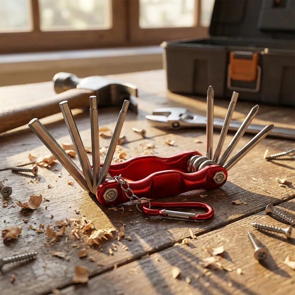 Repair tool set with red handle, carabiner clips, and upright metal rods