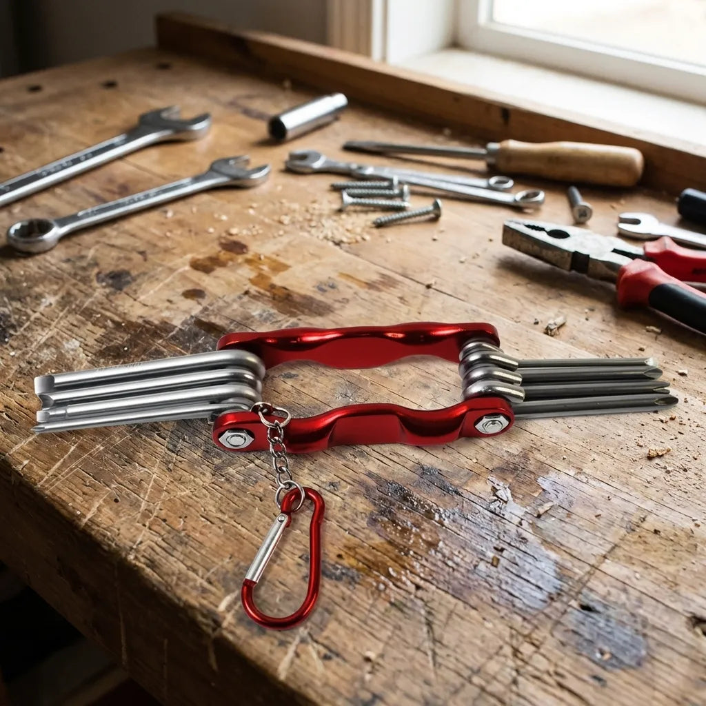 Repair tool set with red handle and silver multi-tools on a wooden workbench