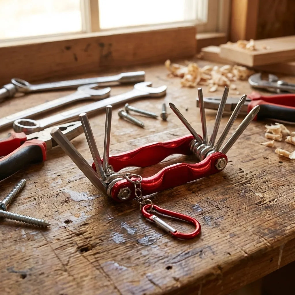 Repair tool set with red handle, silver tools, and upright metal rods opened