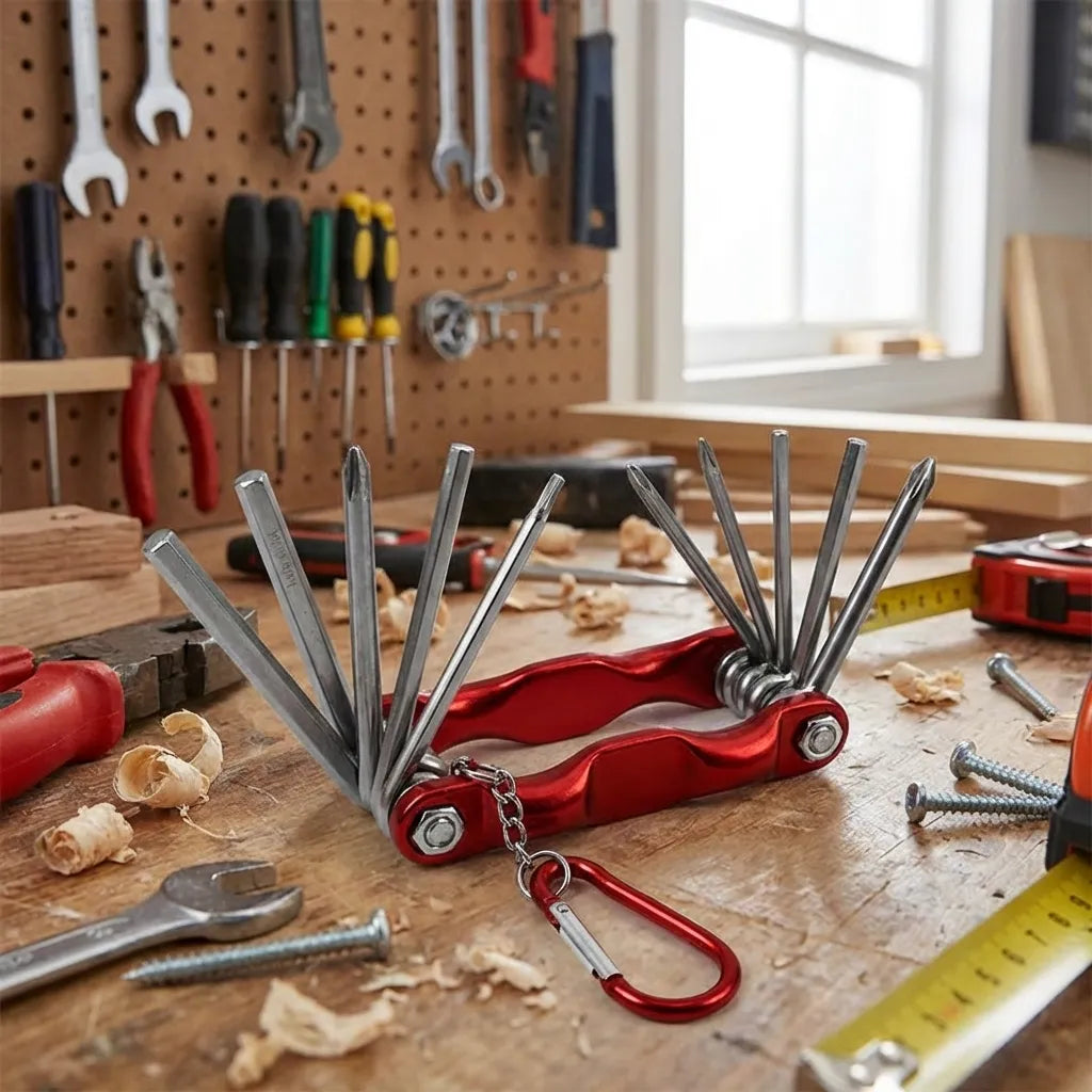 8-in-1 repair tool set with red pliers handle and upright metal bit heads