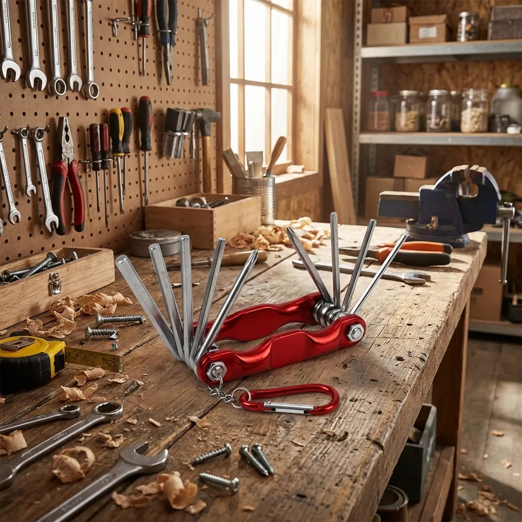Repair tool set with red handle and open upright metal tools on a workbench