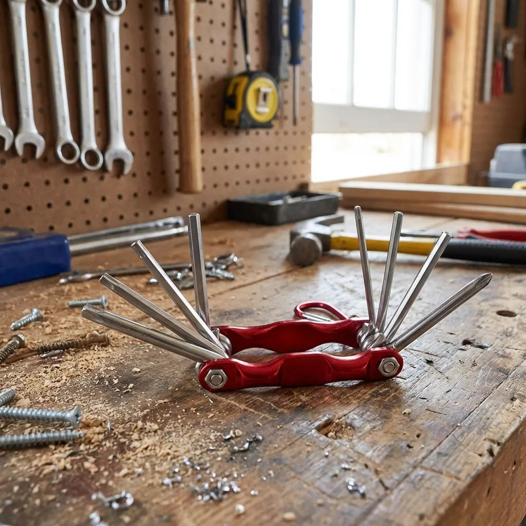Repair tool set with red handle and folded metal tools on a wooden workbench