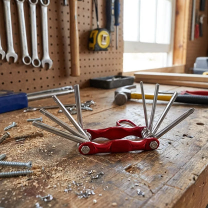 Repair tool set with red handle and folded metal tools on a wooden workbench