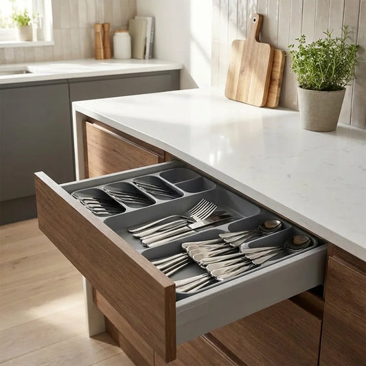 Drawer cutlery storage tray box with gray organizer and assorted utensils