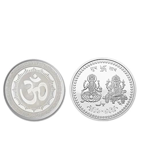 Pure silver coin for pooja gift with Om symbol and deity design on reverse