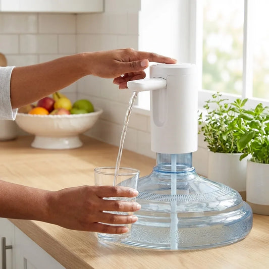 Automatic water dispenser pump with hand-activated button dispensing water from bottle