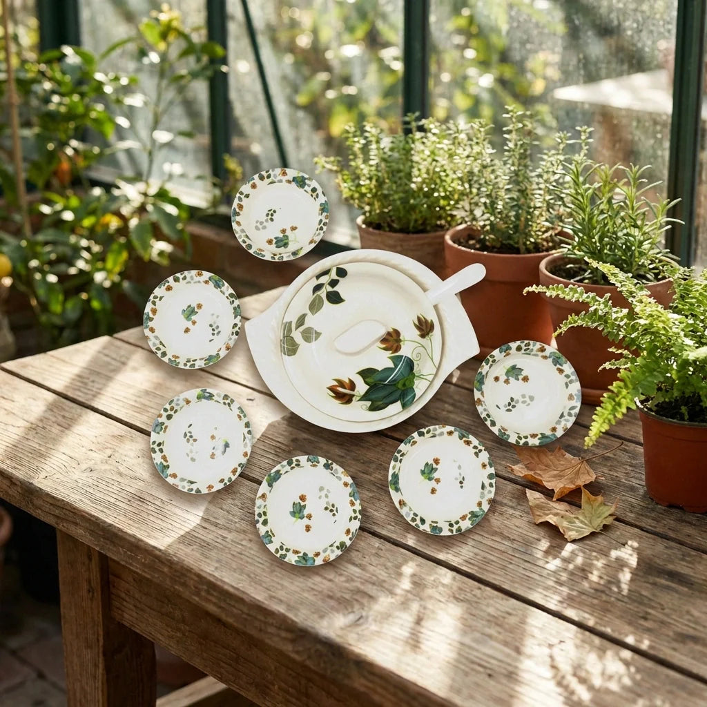 9-piece pudding set: white teapot and 8 green floral dessert plates