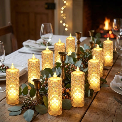 Battery-operated tea lights with amber diamond-pattern glass-style sleeves on table