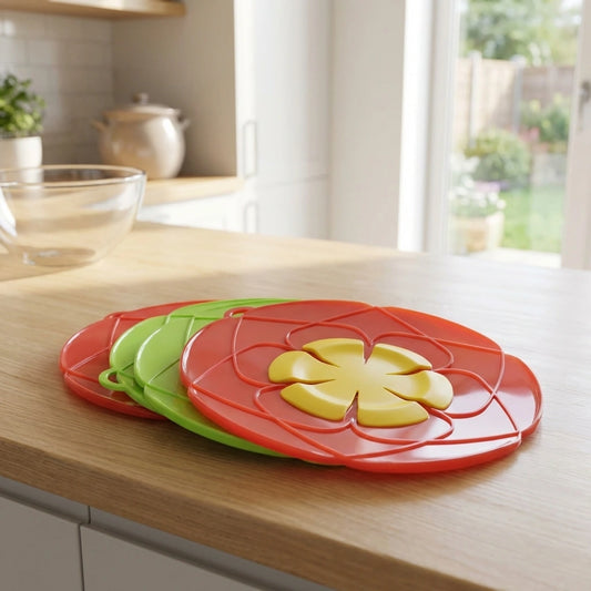 Silicone pot lid cover set, circular red and green with apple-shaped tabs