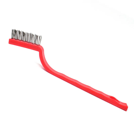 Mini stainless steel wire brush with red plastic handle and wire bristles