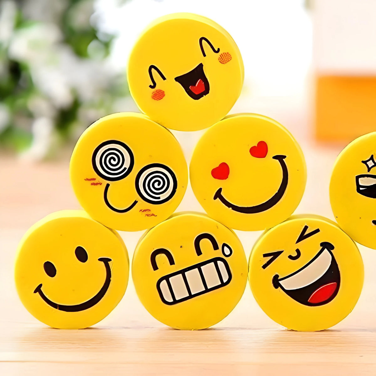 Emoji smiley eraser set, yellow round faces with varied expressions