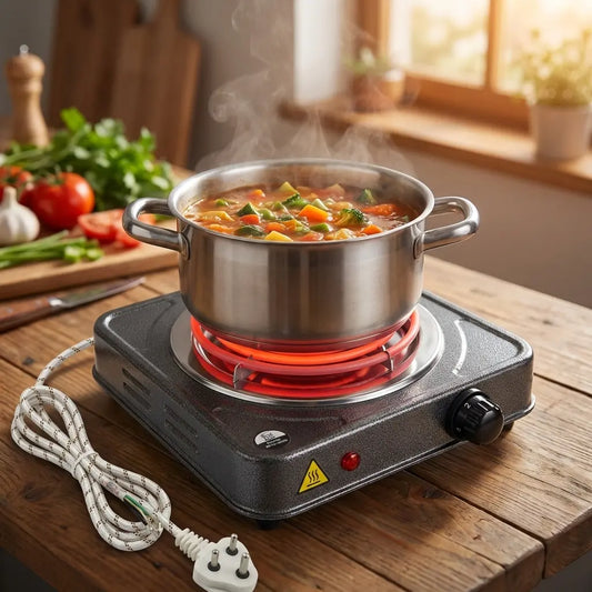 Electric countertop stove with stainless pot, red heating ring, knob and indicator