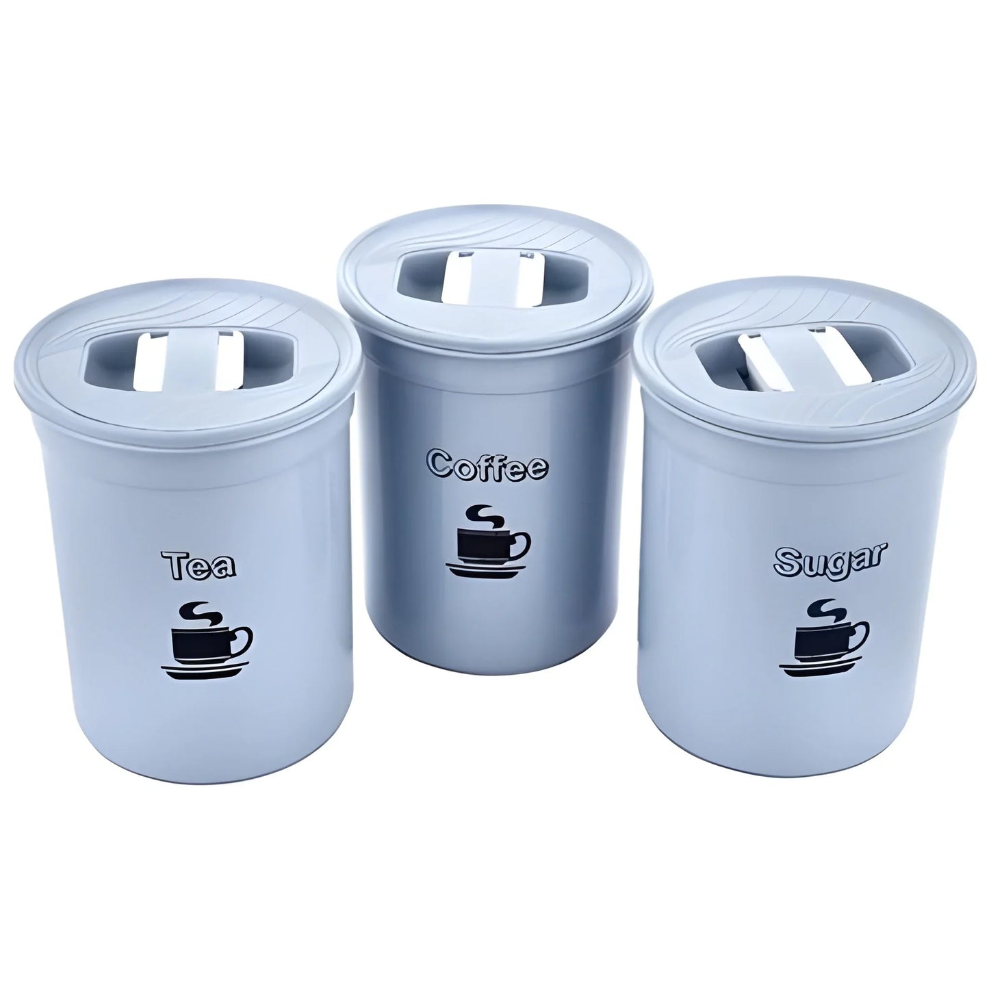 Set of tea, sugar, and coffee storage containers in light blue with sealed lids.