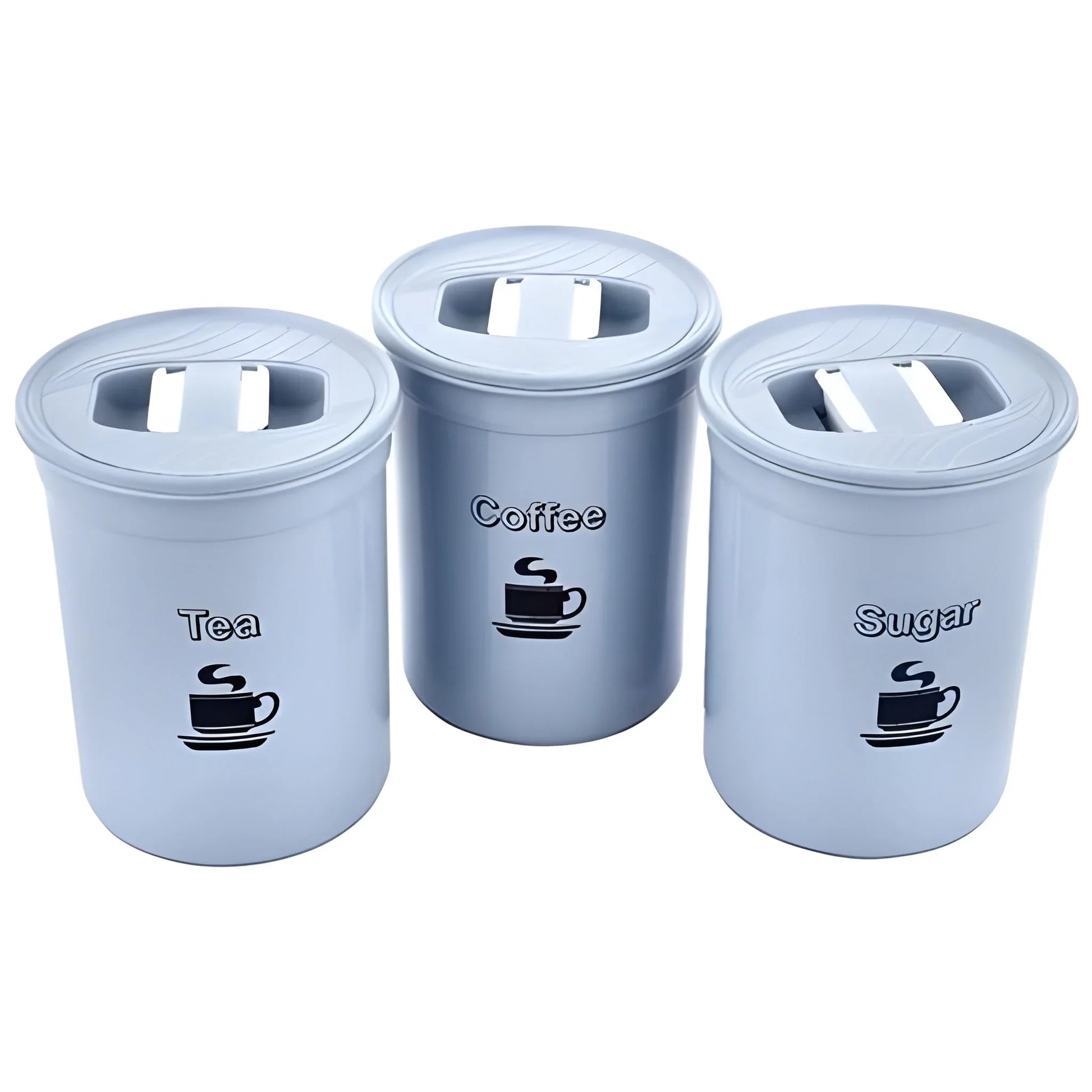 Set of tea, sugar, and coffee storage containers in light blue with sealed lids.