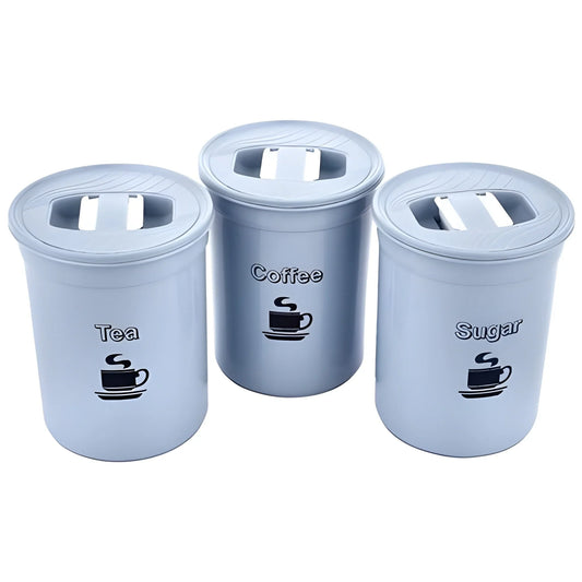 Set of tea, sugar, and coffee storage containers in light blue with sealed lids.