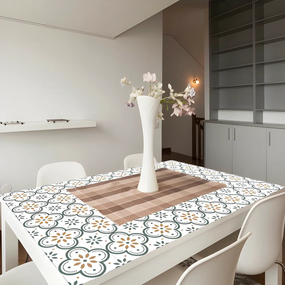 Adhesive backsplash tiles with white background and multicolor floral circular pattern