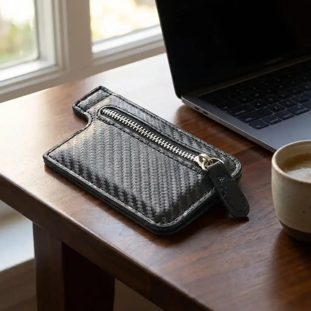 Adhesive card phone holder wallet with zip pocket and card slot, dark gray