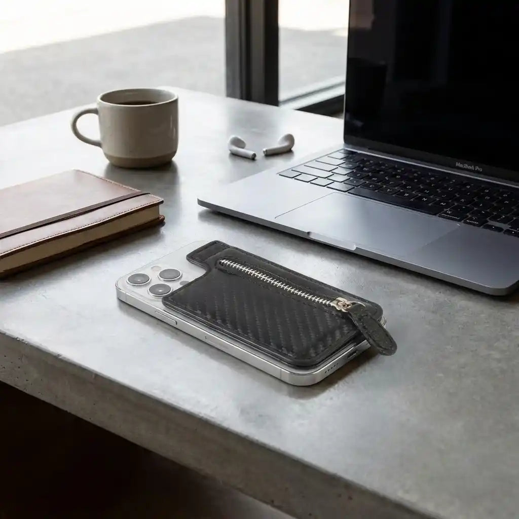 Adhesive card phone holder with zip pocket, holding a phone, dark gray