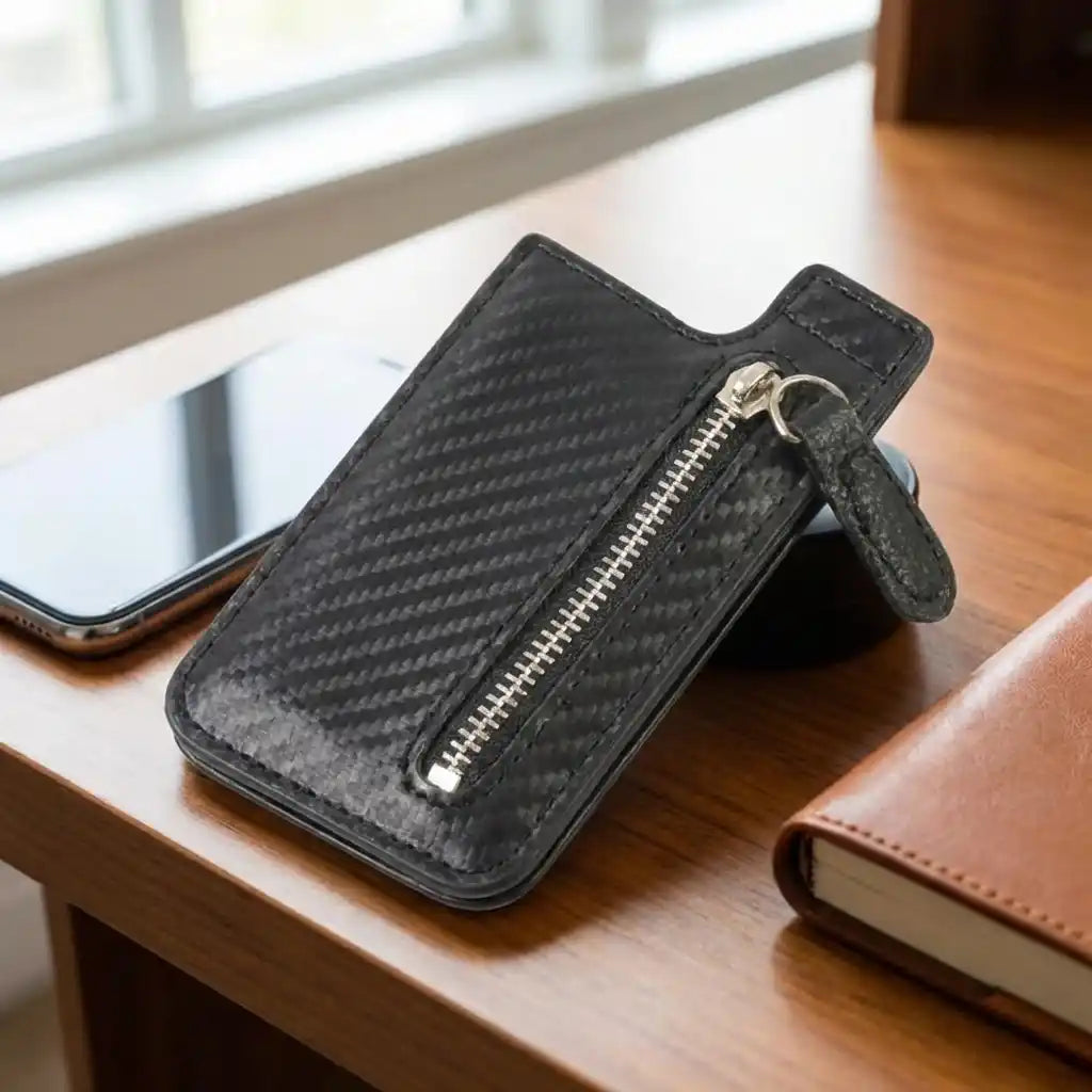 Adhesive card phone holder wallet with zip pocket and side strap, dark gray
