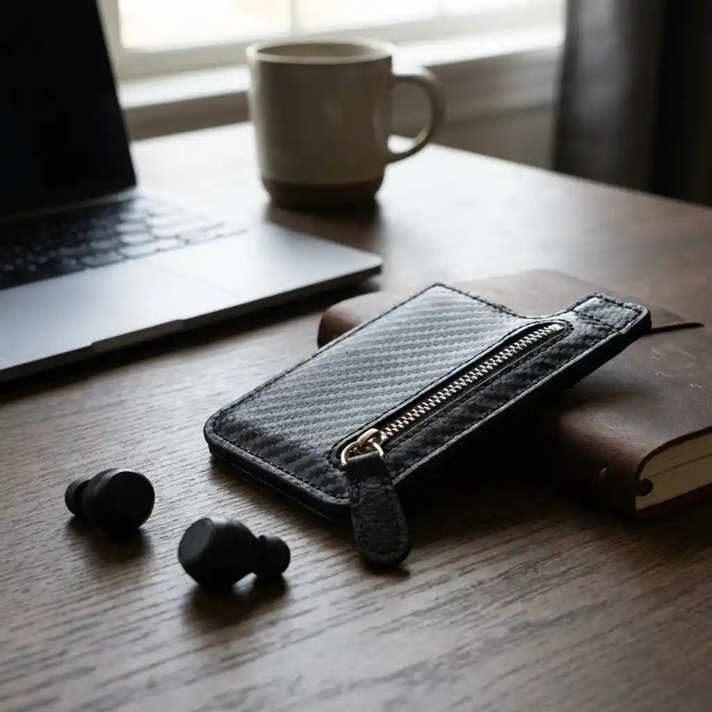 Adhesive card phone holder with zip pocket and strap, dark gray textured finish