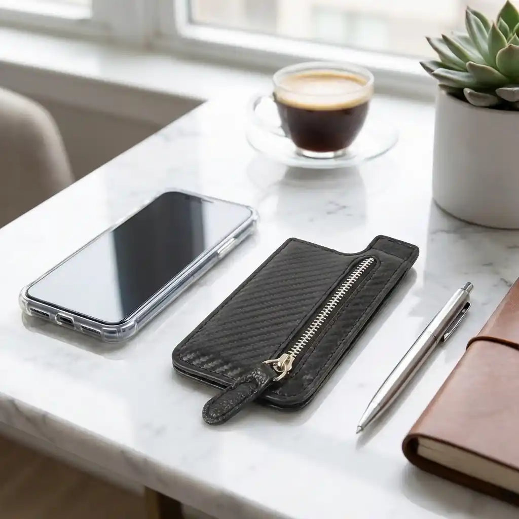 Adhesive card phone holder wallet with zip closure, holding a phone, dark gray