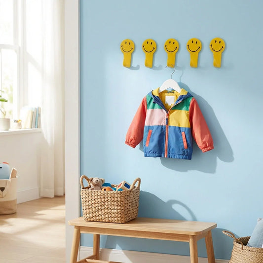 Adhesive key hooks set with yellow smiley faces, stick-on wall hangers