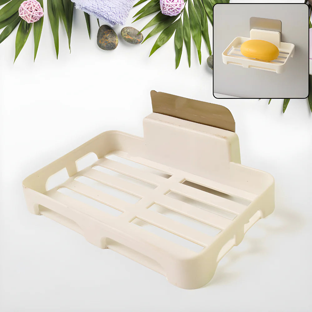 Adhesive wall soap dish with raised ridged tray and backplate, cream plastic