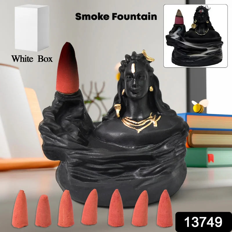 Black seated Shiva-style incense smoke fountain with golden necklace and multiple red cones