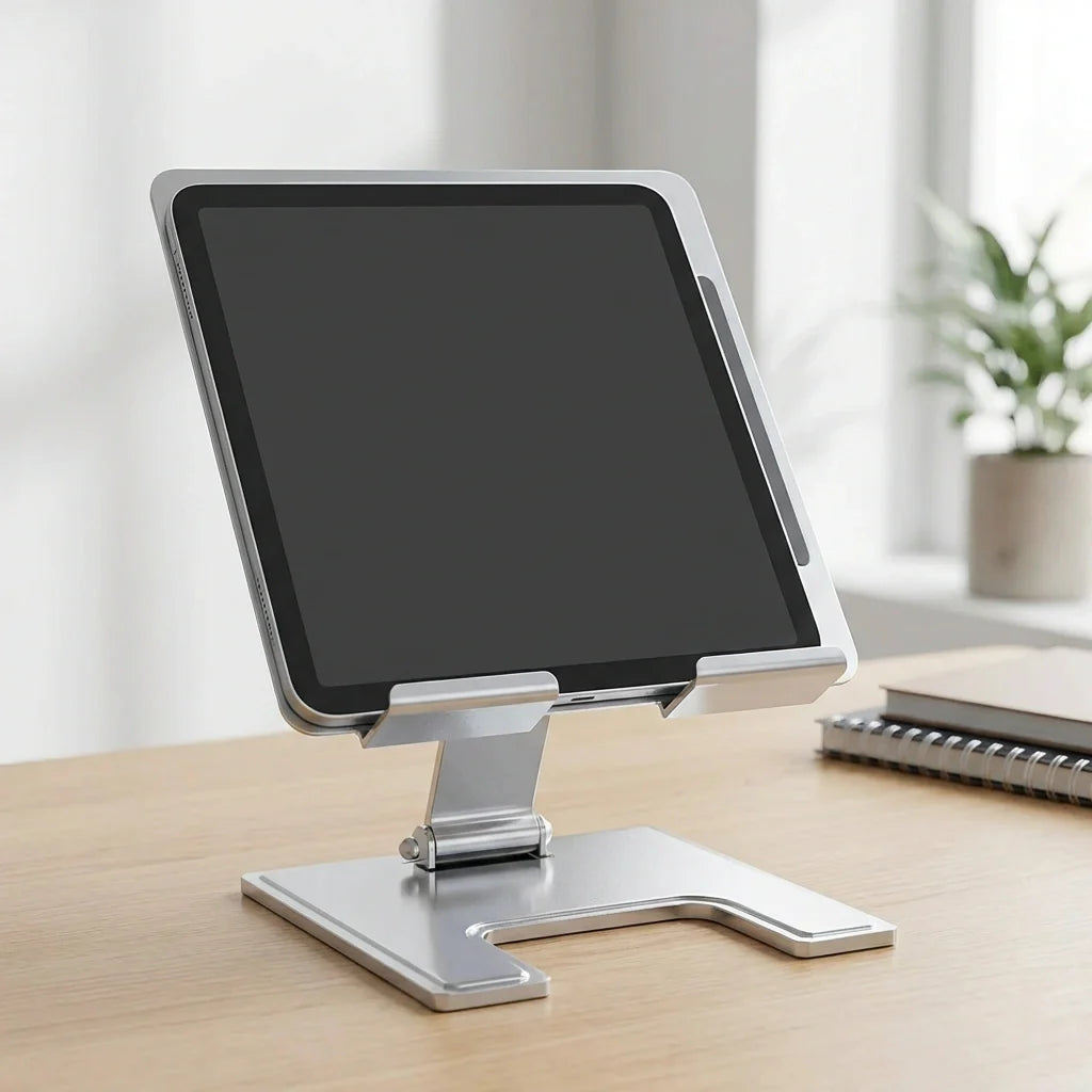 Adjustable aluminum tablet stand with wide base, holding a tablet in portrait view