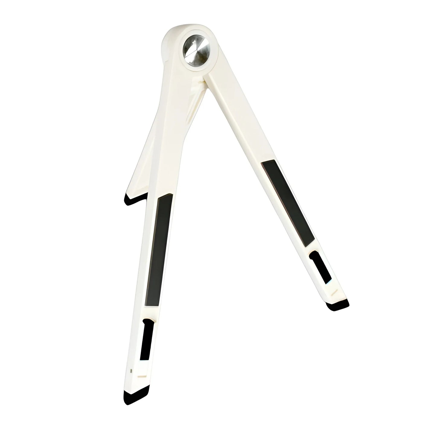 Adjustable foldable tablet stand with white legs and black support pads