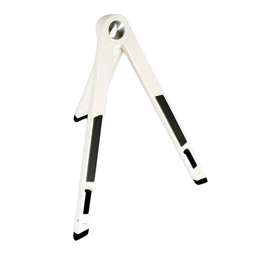 Adjustable foldable tablet stand with white legs and black support pads