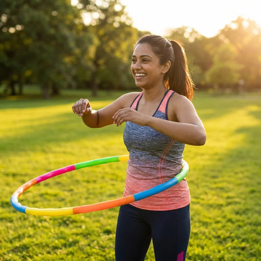 Adjustable hula hoop with multicolor segments (green, orange, blue, red)