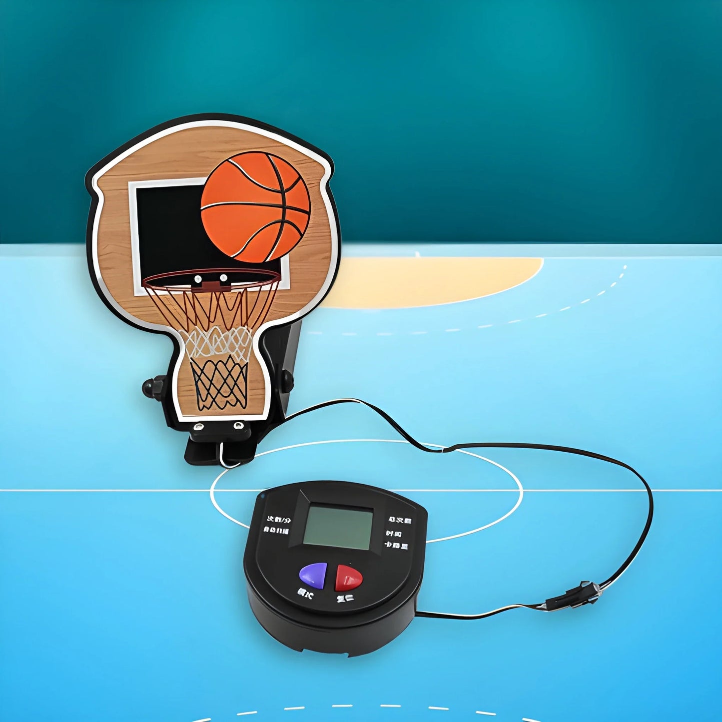 Adjustable jump height trainer with wall hoop and black control unit, orange basketball
