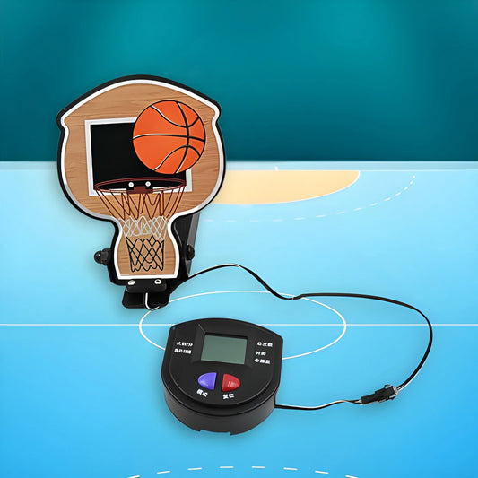 Adjustable jump height trainer with wall hoop and black control unit, orange basketball