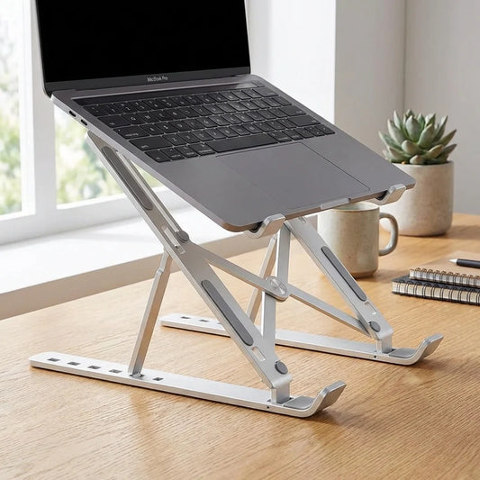 Adjustable laptop desk stand with gray metal legs and non-slip top supports