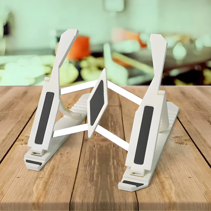 Adjustable multi-angle tablet stand with white arms and dark grip pads, set upright.