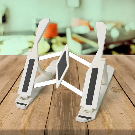 Adjustable multi-angle tablet stand with white arms and dark grip pads, set upright.